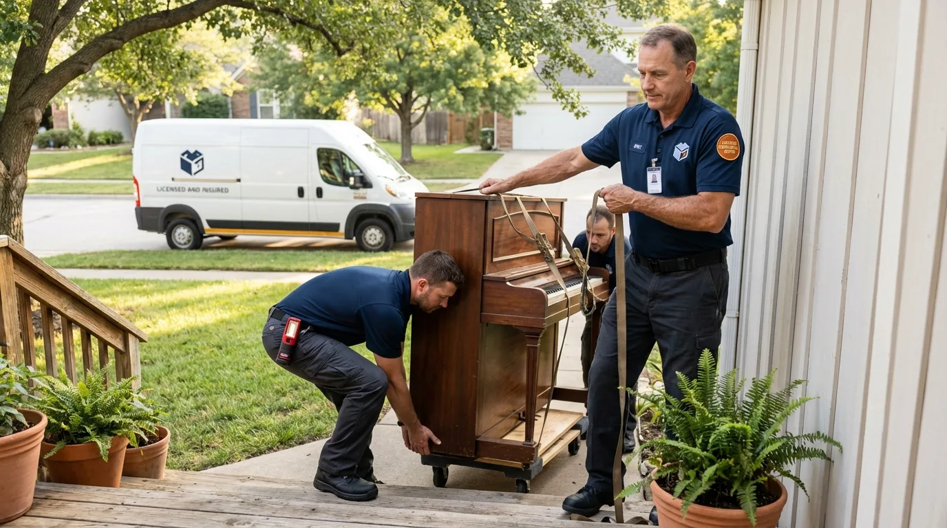 Licensed piano movers securing grand piano in Princeton, IL