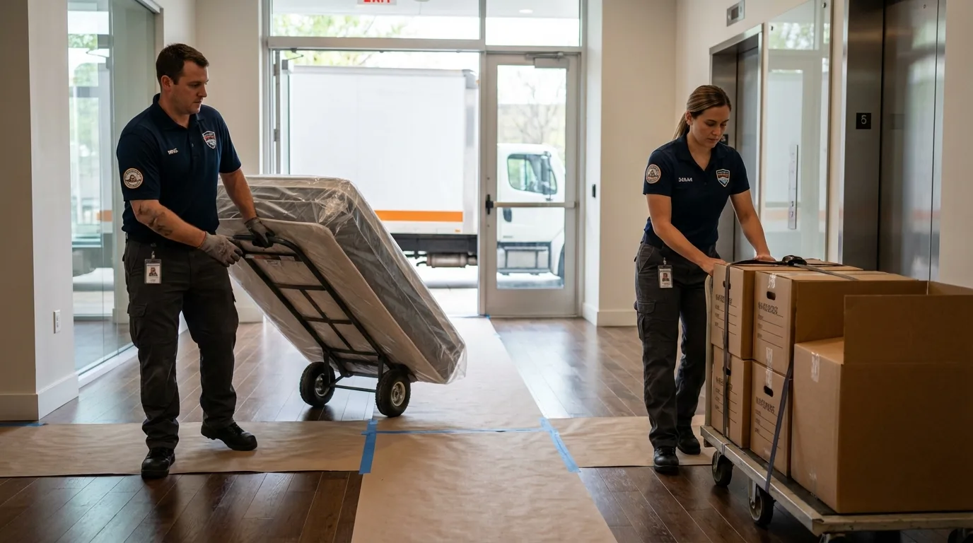Professional apartment movers loading elevator in Princeton, IL